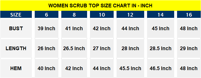 scrub top size chart in inch