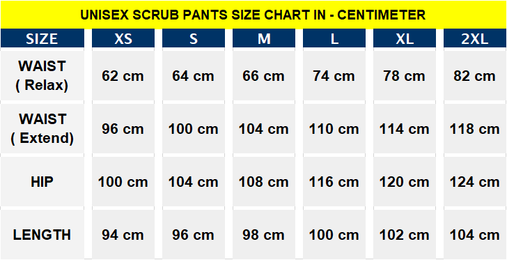 unisex bottom size chart in centimetre