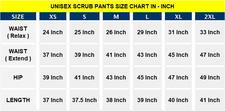 unisex bottom size chart in inch