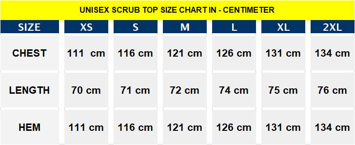 unisex top size chart in centimetre