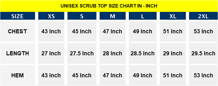 unisex top size chart in inch