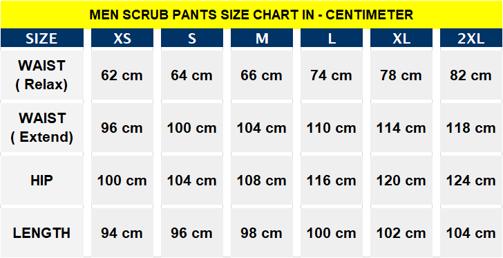 Men scrub pant size chart in centimeter