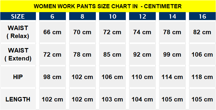 women work pant measurement in CM